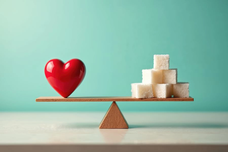 Healthy red heart and sugar cubes balance on scale.
